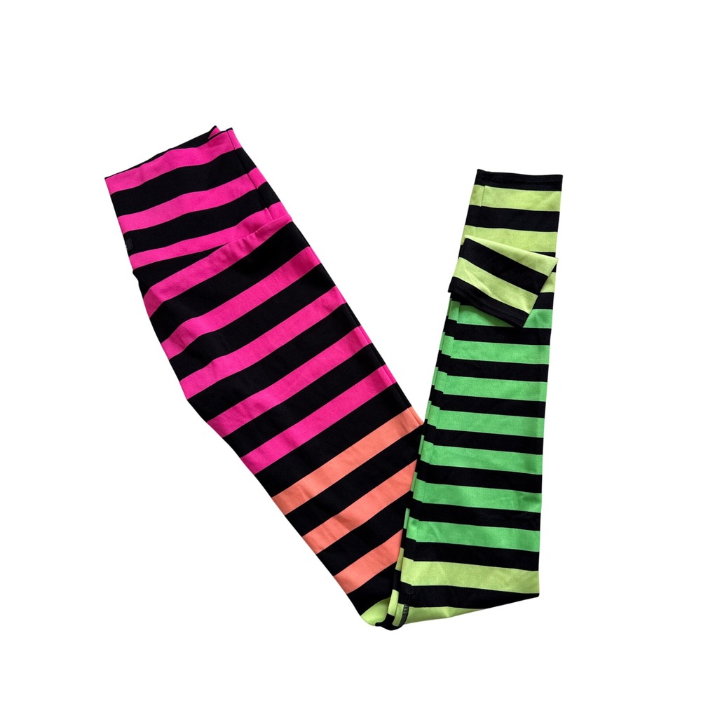 K-DEER Womens High Waist Signature Stripe Leggings Neon Pink Green Orange L